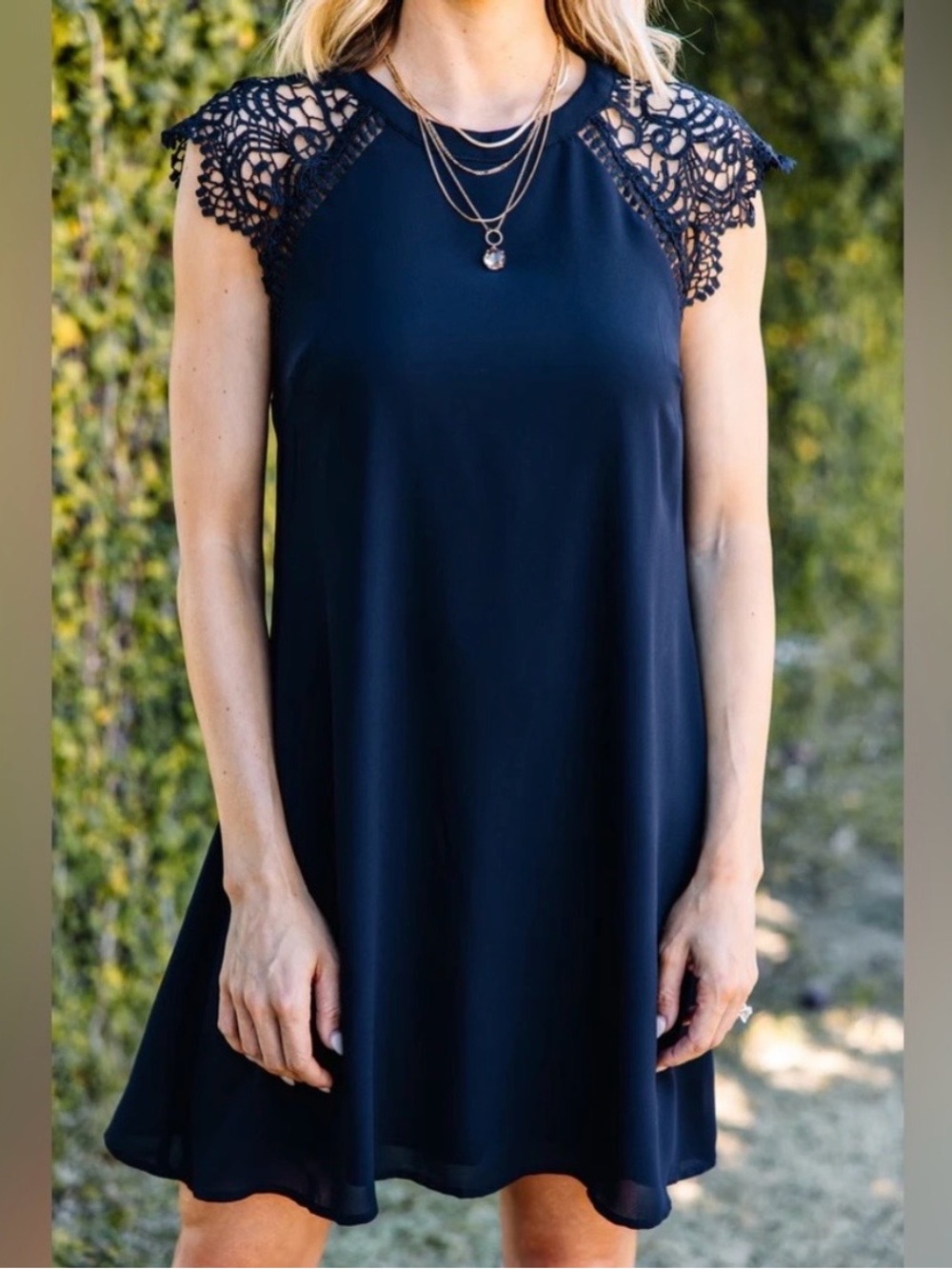 Altar’d State Navy Blue Crochet Shoulder Cap Sleeve A-Line Dress Size Medium